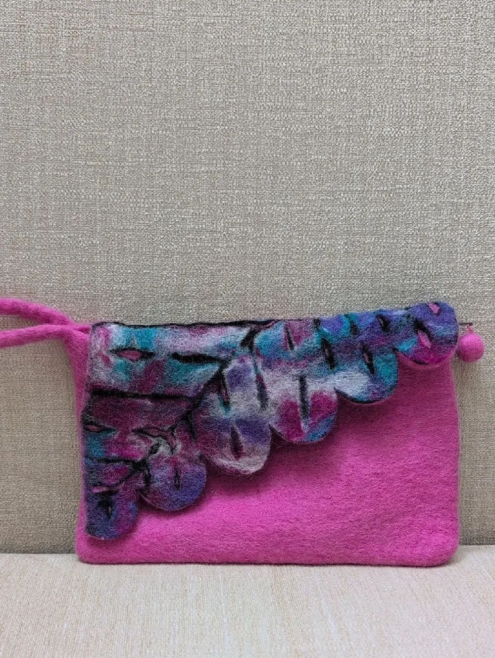 Handmade Pink Felted Wool Wristlet Clutch with Multicolor Leaf Detail